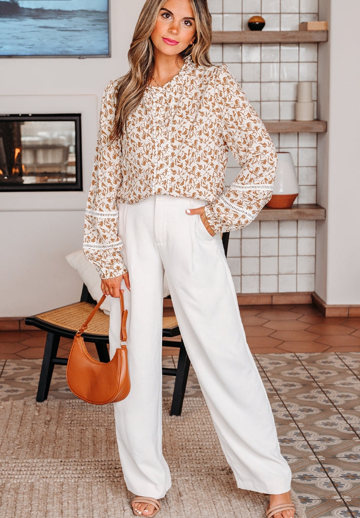 Khaki Printed Lace Detail Floral Puff Sleeve Fall Shirt