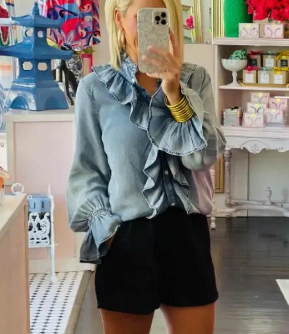 Cezele - Denim Ruffled Button Down LS Top