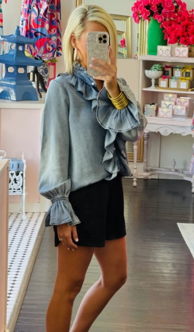 Cezele - Denim Ruffled Button Down LS Top