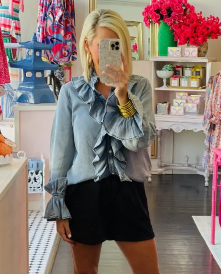 Cezele - Denim Ruffled Button Down LS Top