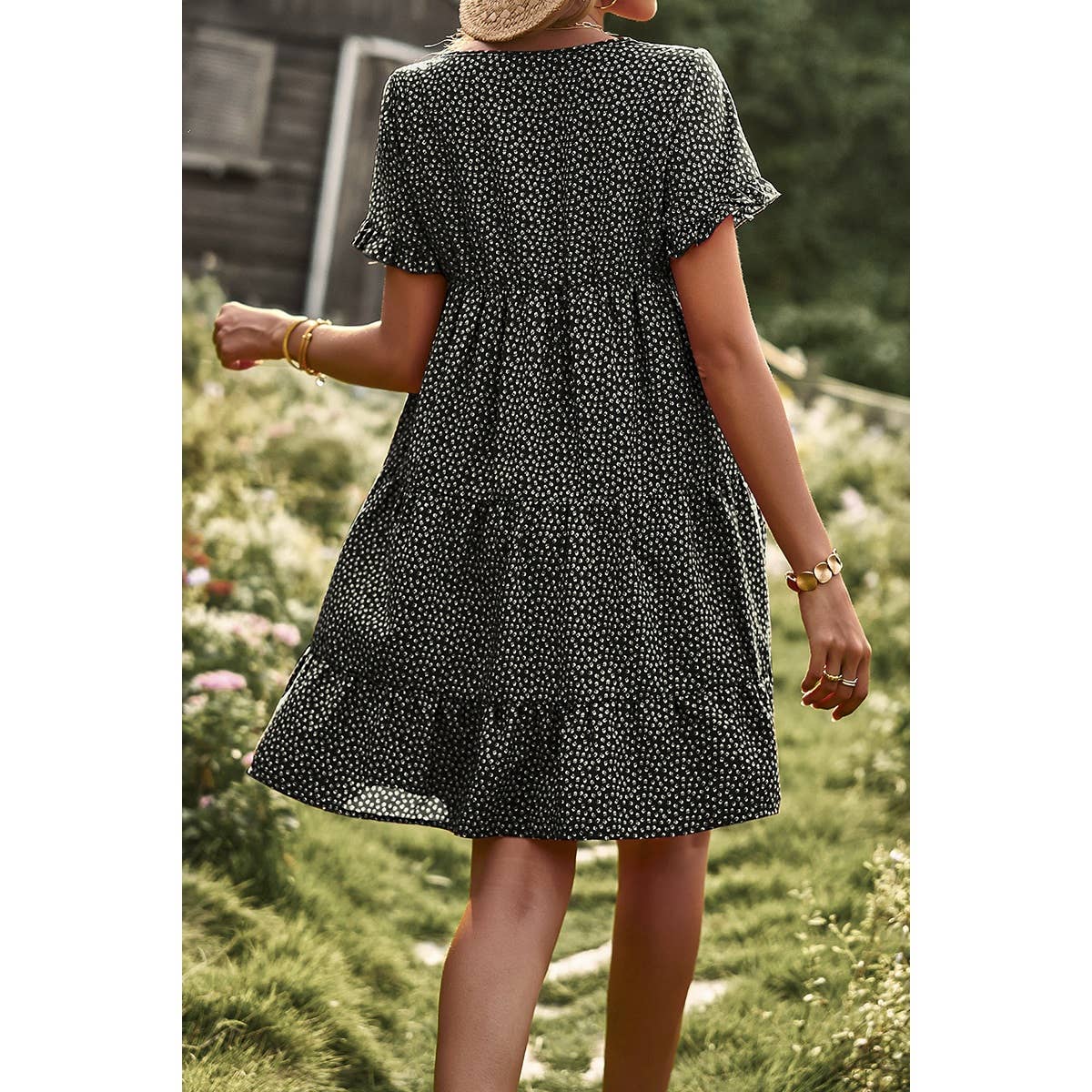 Floral Dot Ruffle Loss Fit Babydoll Dress