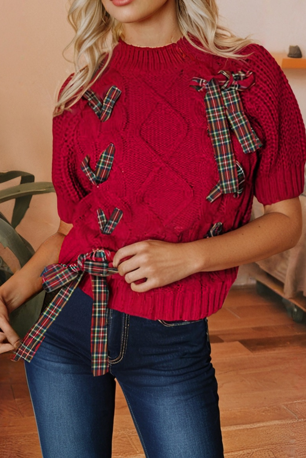 Cable Knit Christmas Holiday Puff Short Sleeve Sweater